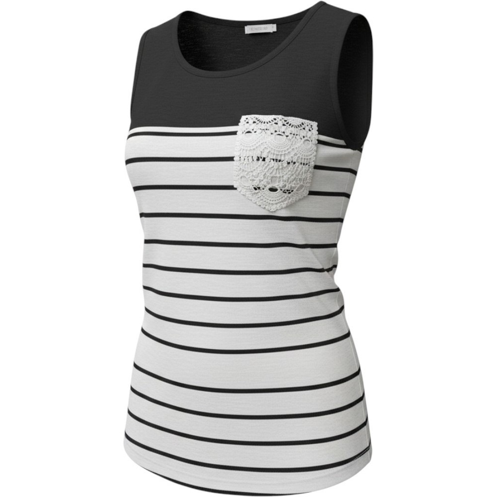 Unbranded Tank Top Womens Medium Black White Striped Lace Pocket Sleeveless
